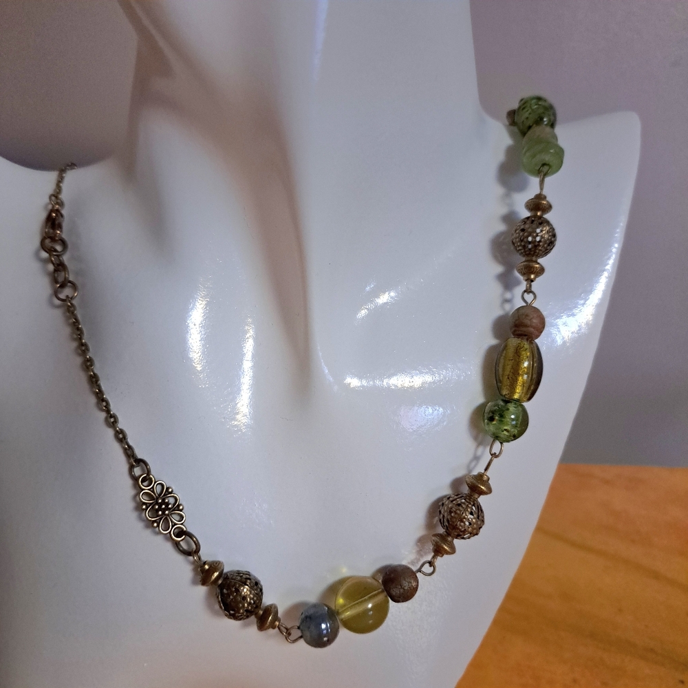 Multimedia Bronze & Green Metal, Glass & Stone Beaded Boho Jewelry Set